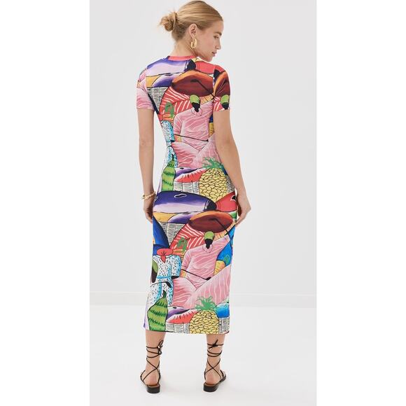 Stella Jean Short Sleeved Midi Dress Corta Colorful Print Stretch Womens 40 US 4 - Picture 2 of 16